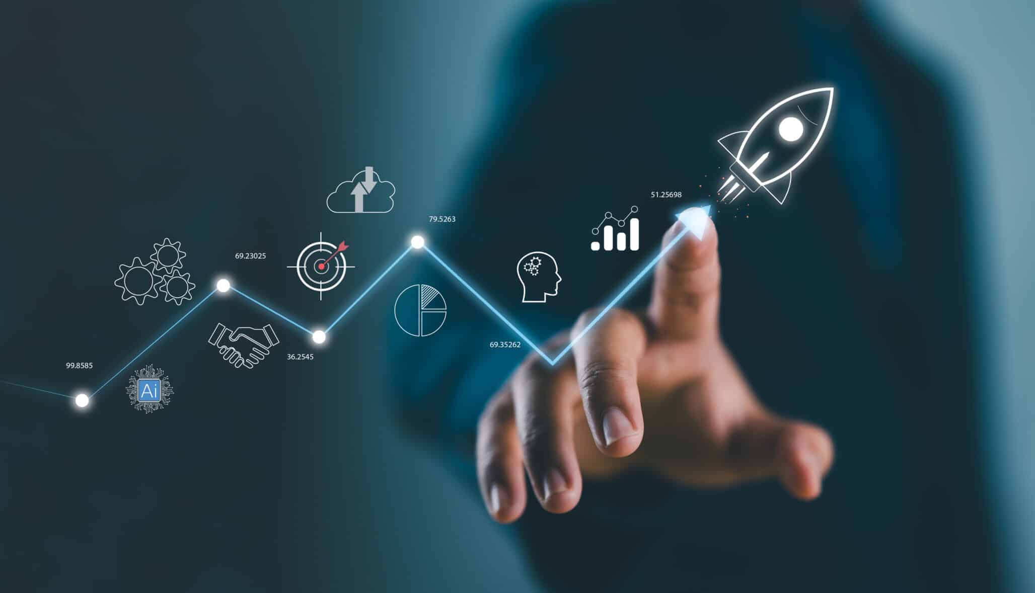 Businessman touch rocket launch investment growth, planning and starting corporate business start up aiming objective value development leadership and customer target group