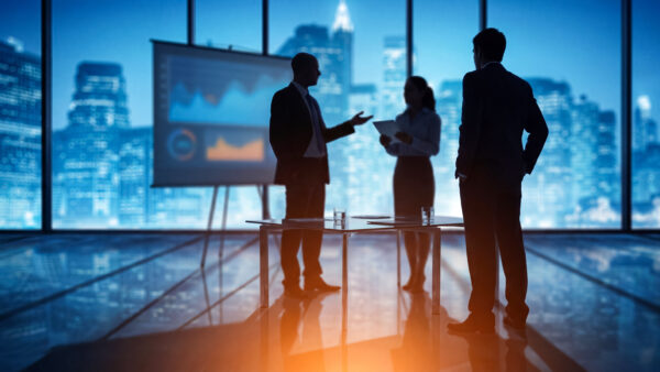 Silhouettes of business professionals in a modern office, engaged in a presentation