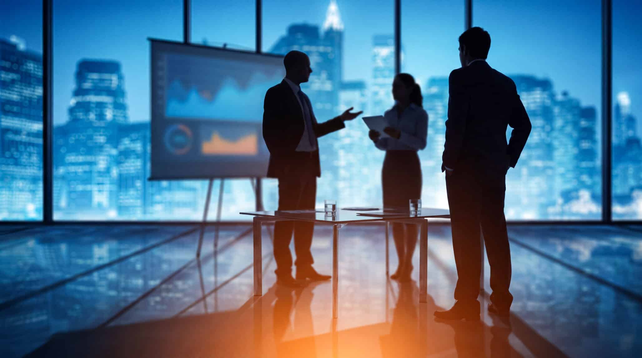 Silhouettes of business professionals in a modern office, engaged in a presentation