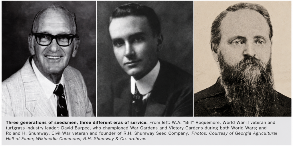 Historic collage featuring W.A. Bill Roquemore, David Burpee and Roland H. Shumway, seedsmen connected to military service and American agriculture.