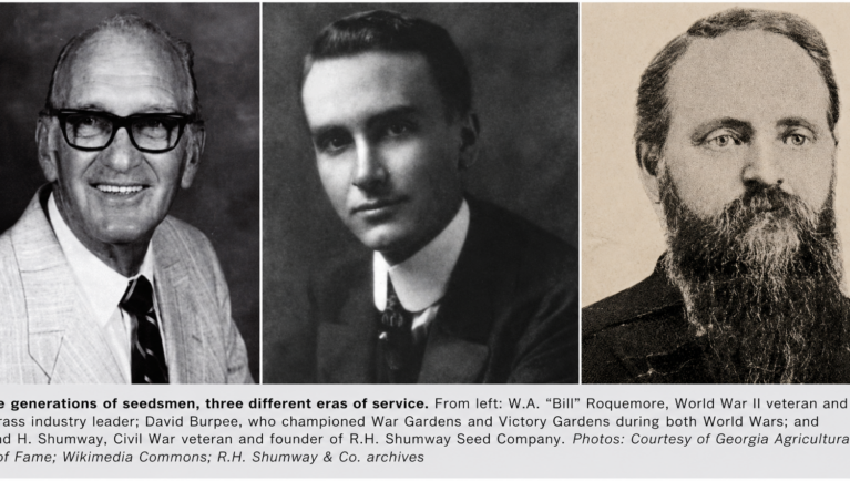 Historic collage featuring W.A. Bill Roquemore, David Burpee and Roland H. Shumway, seedsmen connected to military service and American agriculture.
