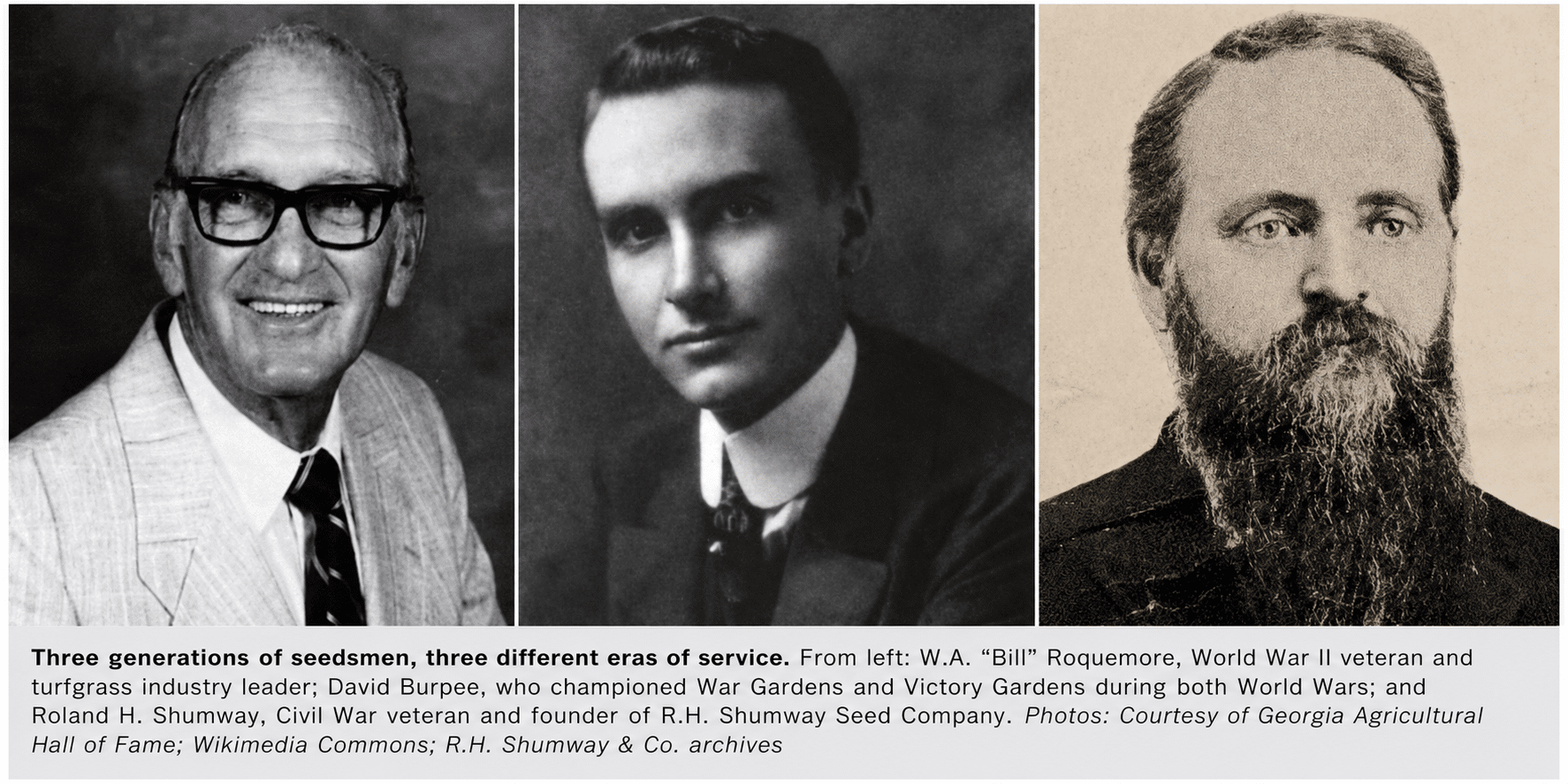 Historic collage featuring W.A. Bill Roquemore, David Burpee and Roland H. Shumway, seedsmen connected to military service and American agriculture.