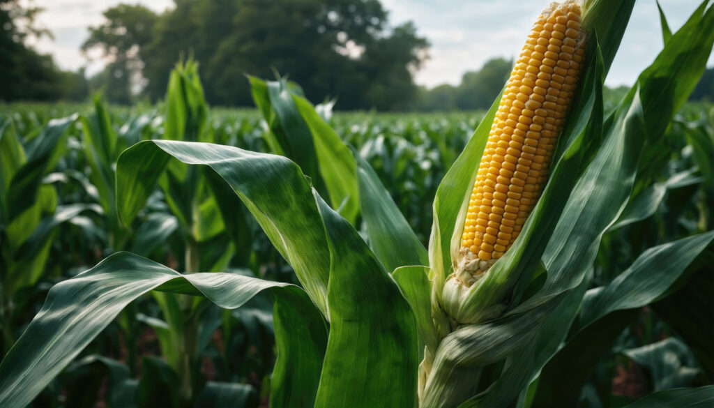 Close-up of a corn ear growing in a green agricultural field during the summer growing season.