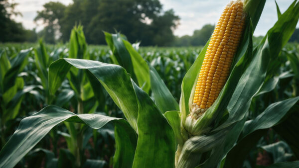 Close-up of a corn ear growing in a green agricultural field during the summer growing season.