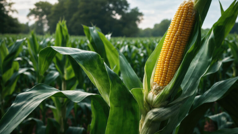 Close-up of a corn ear growing in a green agricultural field during the summer growing season.