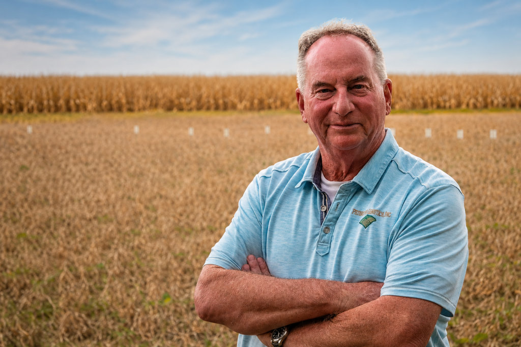 Mike Peterson, CEO and owner of Peterson Genetics, stands in a soybean field reflecting on innovation and growth opportunities for independent seed companies.