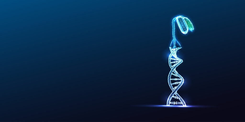 DNA Double Helix AgrotTech Crop Genetics Robotic Farming Precision Agriculture Glowing Blue Vector