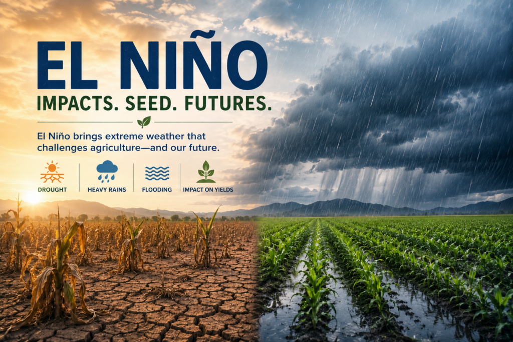 Illustration of El Niño impacts on seed and agriculture showing drought, flooding and stressed crop fields