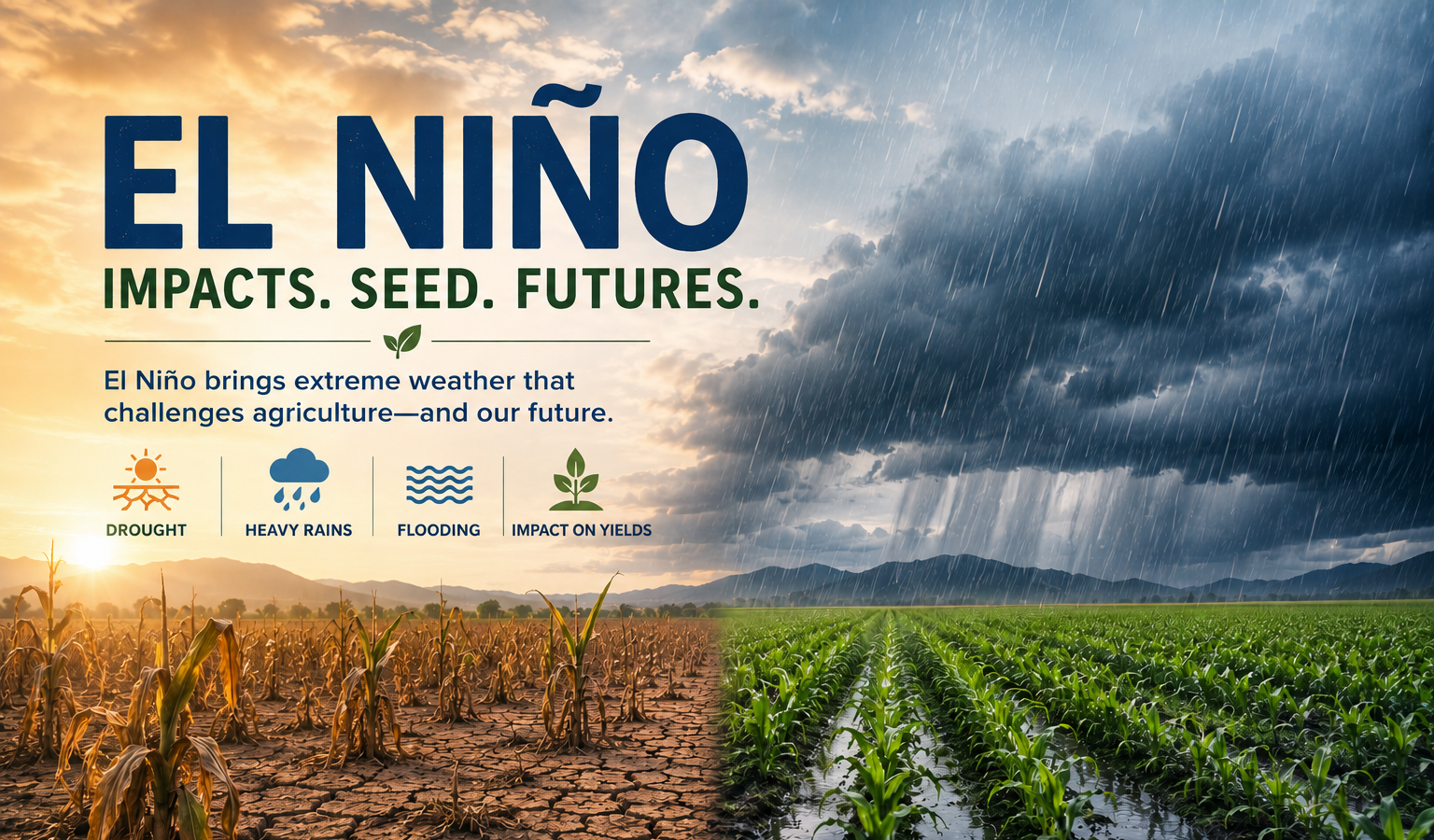 Illustration of El Niño impacts on seed and agriculture showing drought, flooding and stressed crop fields
