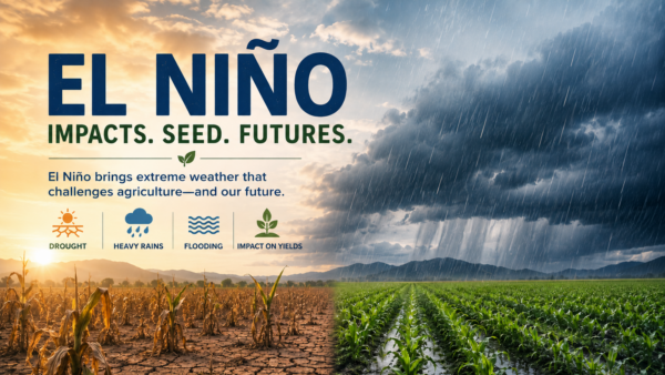 Illustration of El Niño impacts on seed and agriculture showing drought, flooding and stressed crop fields