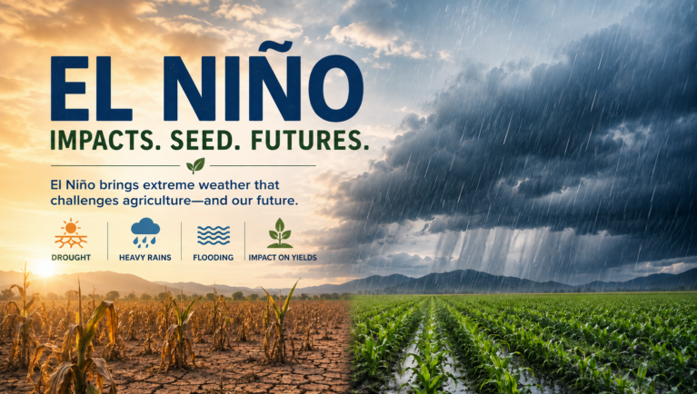 Illustration of El Niño impacts on seed and agriculture showing drought, flooding and stressed crop fields