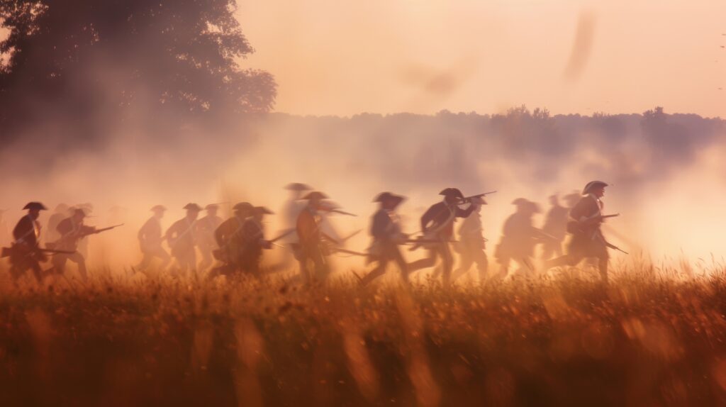 Revolutionary War soldiers advance across a field at sunrise, symbolizing America's founding and the nation's agricultural legacy.