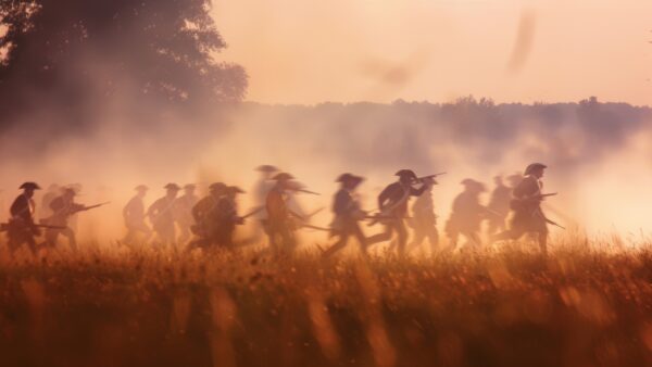 Revolutionary War soldiers advance across a field at sunrise, symbolizing America's founding and the nation's agricultural legacy.
