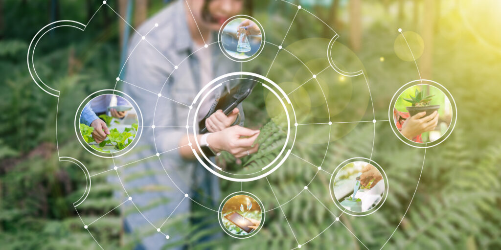 Various photos of Agriculture farmers using computer laptop device technology checking on plants and forest data analysis on plant growth visual icon, cultivating nature reserving environment.