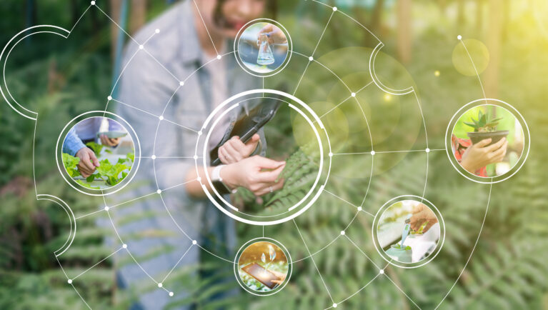 Various photos of Agriculture farmers using computer laptop device technology checking on plants and forest data analysis on plant growth visual icon, cultivating nature reserving environment.