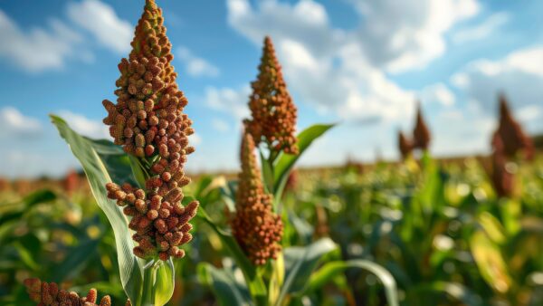 Mature sorghum grain heads growing in a field