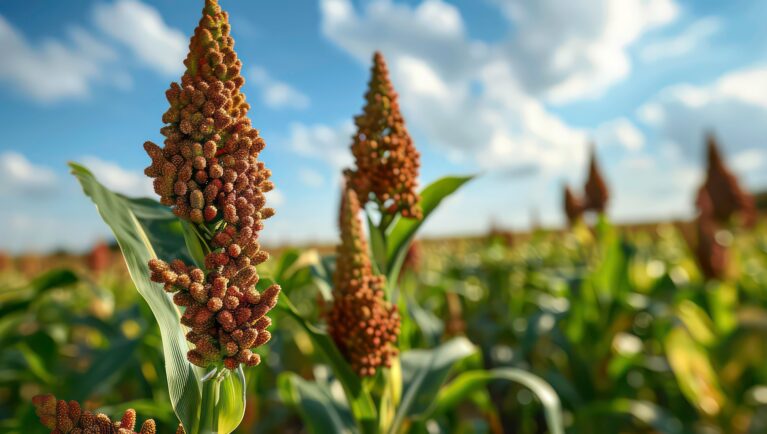 Mature sorghum grain heads growing in a field