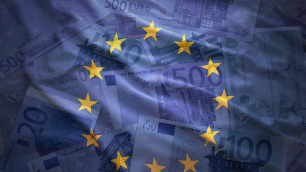 colorful waving european union flag on a euro money background