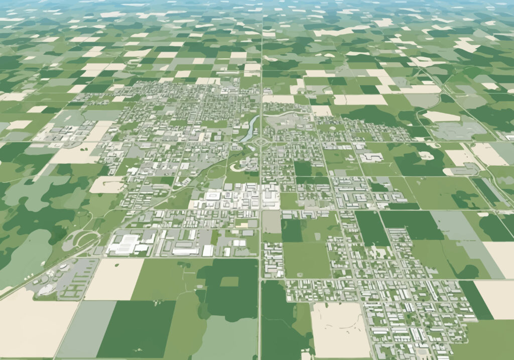 Aerial view of Goshen, Indiana, showing a Midwestern community surrounded by productive farmland and agricultural landscapes.