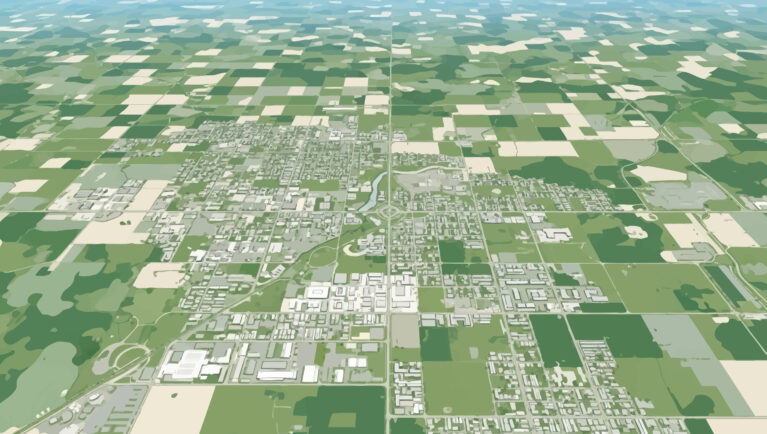 Aerial view of Goshen, Indiana, showing a Midwestern community surrounded by productive farmland and agricultural landscapes.