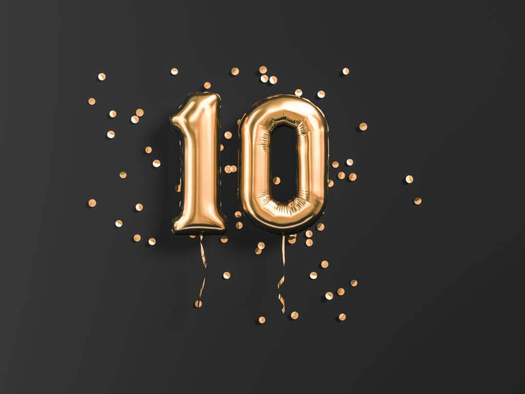10 years old. Gold balloons number 10th anniversary, happy birthday congratulations. 3d rendering.