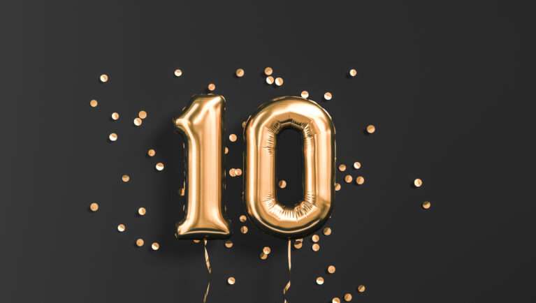 10 years old. Gold balloons number 10th anniversary, happy birthday congratulations. 3d rendering.