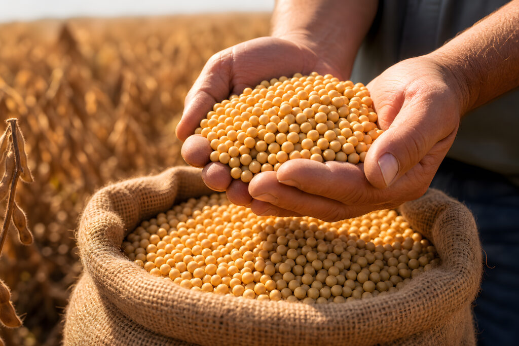 soybeans in a farmers hands