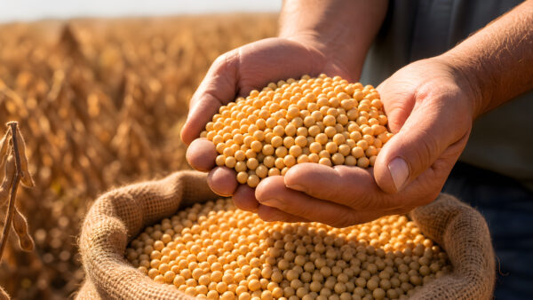 soybeans in a farmers hands
