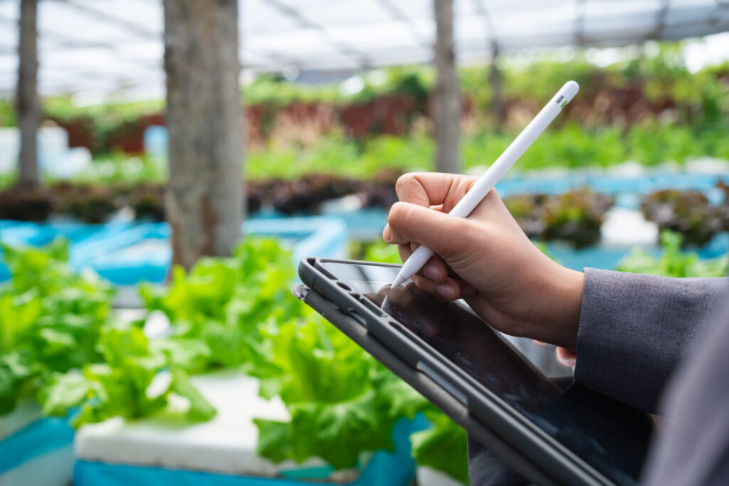 Close up of a professional using a digital tablet to monitor crop growth and farm data, highlighting precision agriculture and technology driven farming