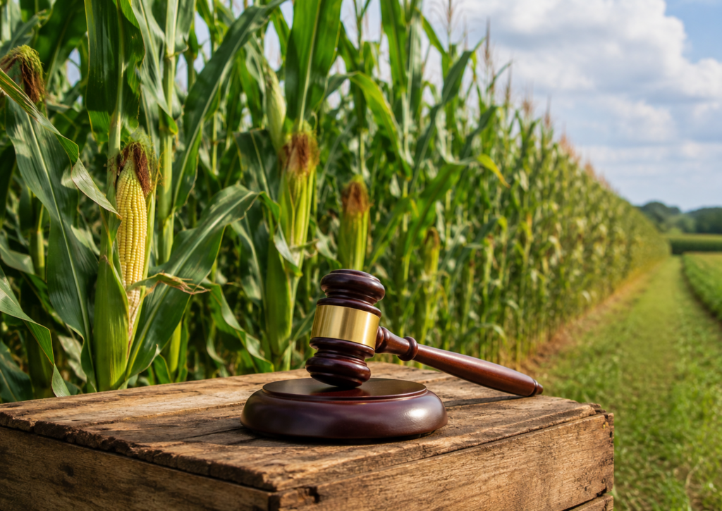 Gavel in front of a corn field representing the Fair Seeds for Farmers Act