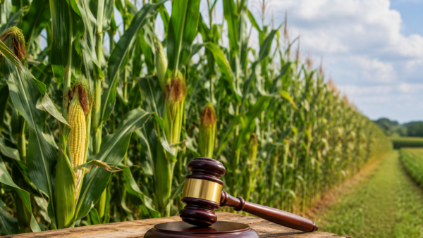 Gavel in front of a corn field representing the Fair Seeds for Farmers Act