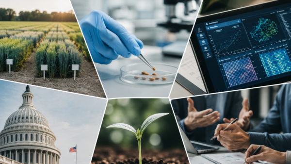 Editorial collage showing agricultural research plots, seed science, artificial intelligence, government policy, emerging seedlings and business collaboration representing innovation across the U.S. seed industry