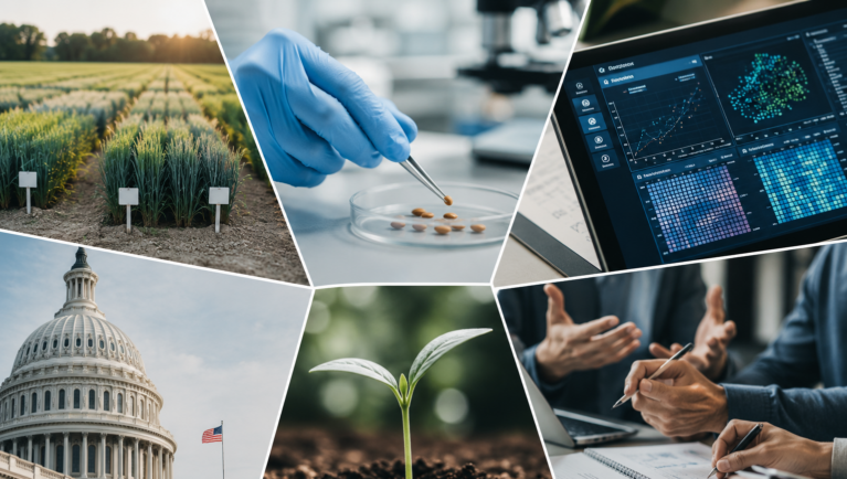 Editorial collage showing agricultural research plots, seed science, artificial intelligence, government policy, emerging seedlings and business collaboration representing innovation across the U.S. seed industry