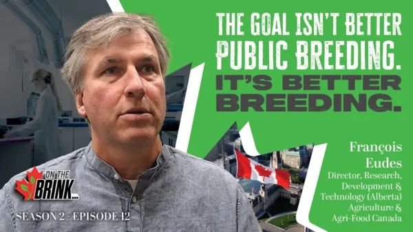 Dr. Francois Eudes, director of research, development and technology at Agriculture and Agri-Food Canada, [seated in interview setting / speaking to camera], discussing AAFC research cuts and plant breeding.