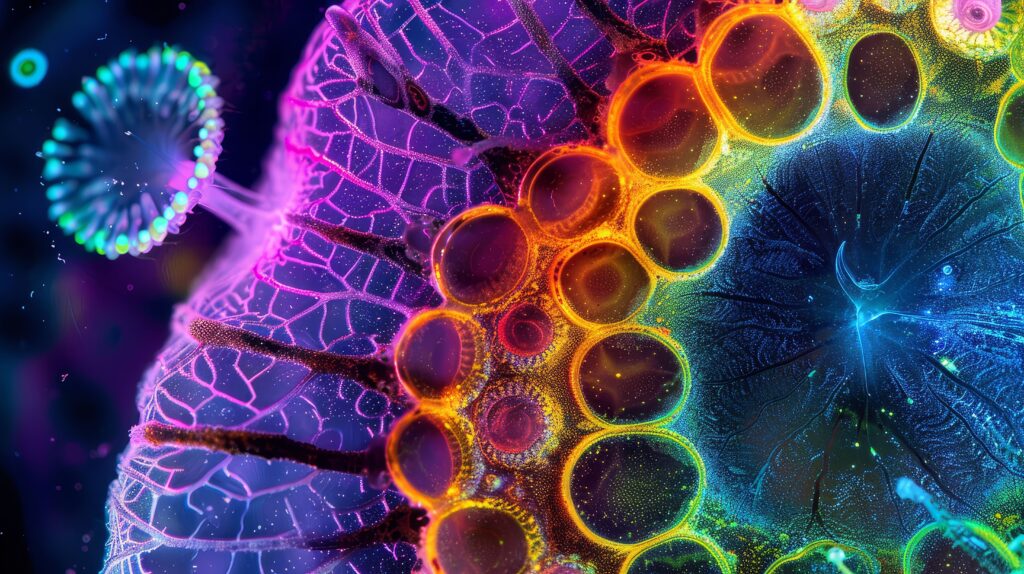 Colorful plant cells and DNA illustrate AI analysis of germplasm data for crop research.