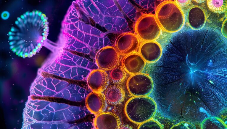 Colorful plant cells and DNA illustrate AI analysis of germplasm data for crop research.
