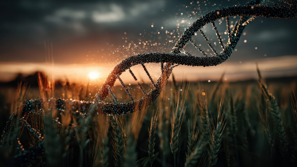 DNA strand above a crop field representing genome editing in plant breeding