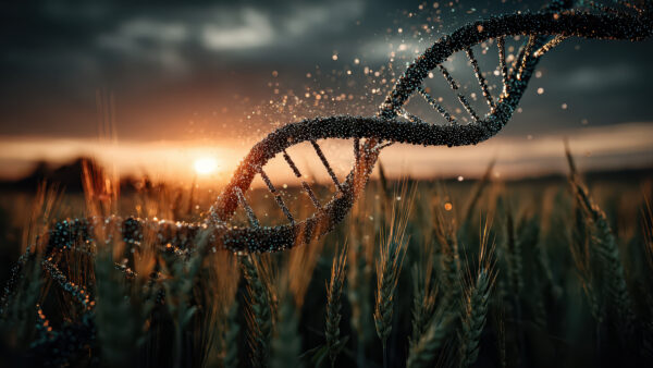 DNA strand above a crop field representing genome editing in plant breeding