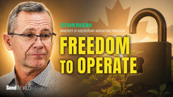 University of Guelph soybean breeder Istvan Rajcan beside an open padlock and emerging soybean plant representing freedom to operate