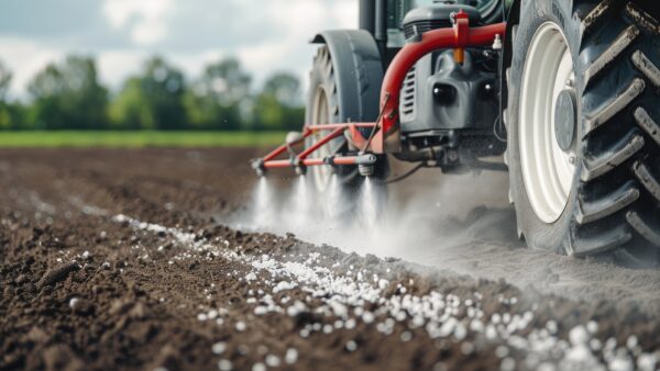 Tractor applying fertilizer to agricultural soil