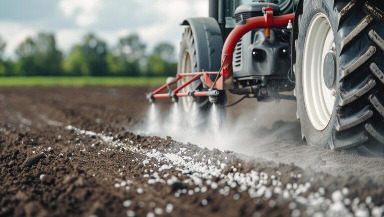Tractor applying fertilizer to agricultural soil