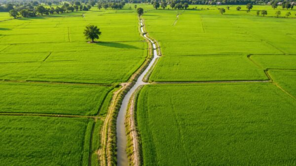 Aerial view of green rice agricultural fields divided by irrigation channels
