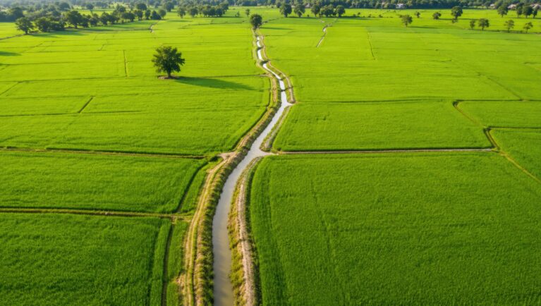 Aerial view of green rice agricultural fields divided by irrigation channels