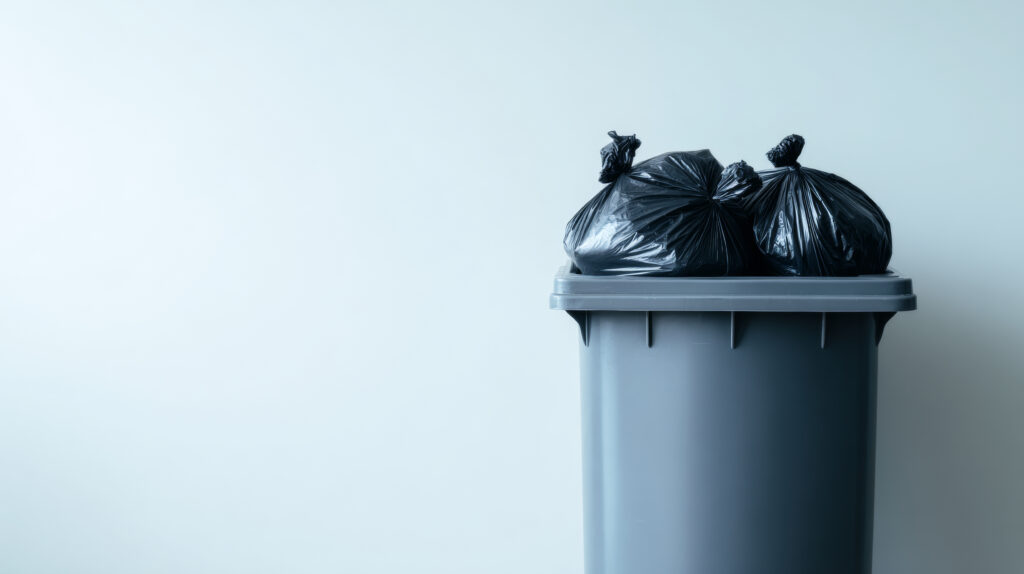 A gray trash bin filled with tightly tied black garbage bags against a plain light background, illustrating waste disposal and environmental concerns.