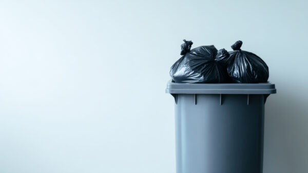 A gray trash bin filled with tightly tied black garbage bags against a plain light background, illustrating waste disposal and environmental concerns.