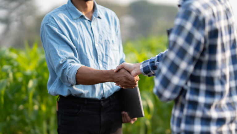 Handshake two farmer with crops field background. The concept of the agricultural business. farmer holding hands after had an agreement in the process.