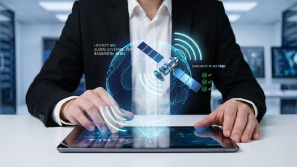 space technology and telecommunications management concept. expert monitoring satellite signals, internet performance and global communication infrastructure through a futuristic digital dashboard