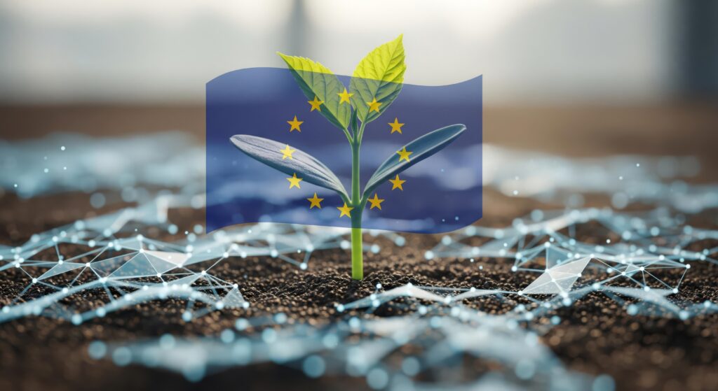 A young plant sprouting from soil with a superimposed European Union flag and digital network.