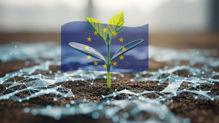 A young plant sprouting from soil with a superimposed European Union flag and digital network.