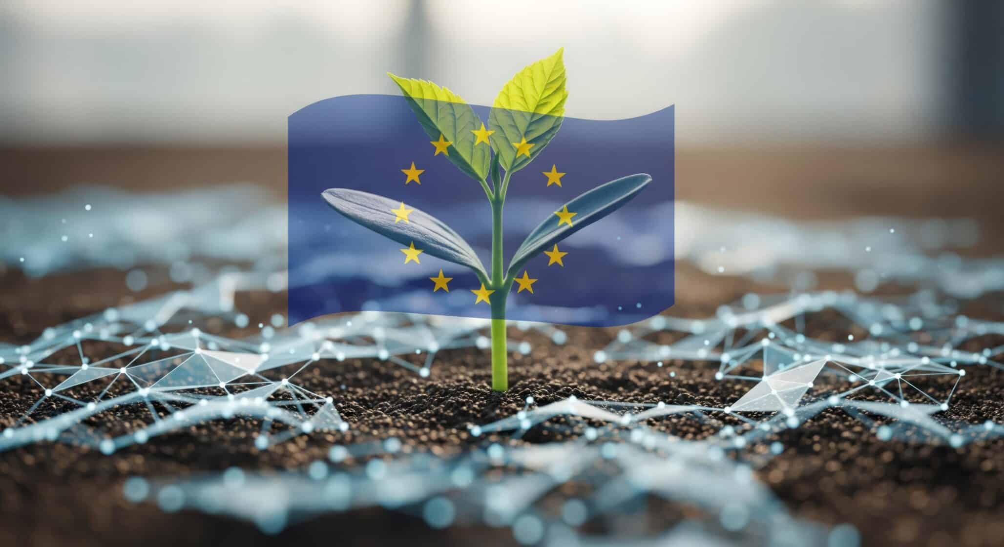A young plant sprouting from soil with a superimposed European Union flag and digital network.
